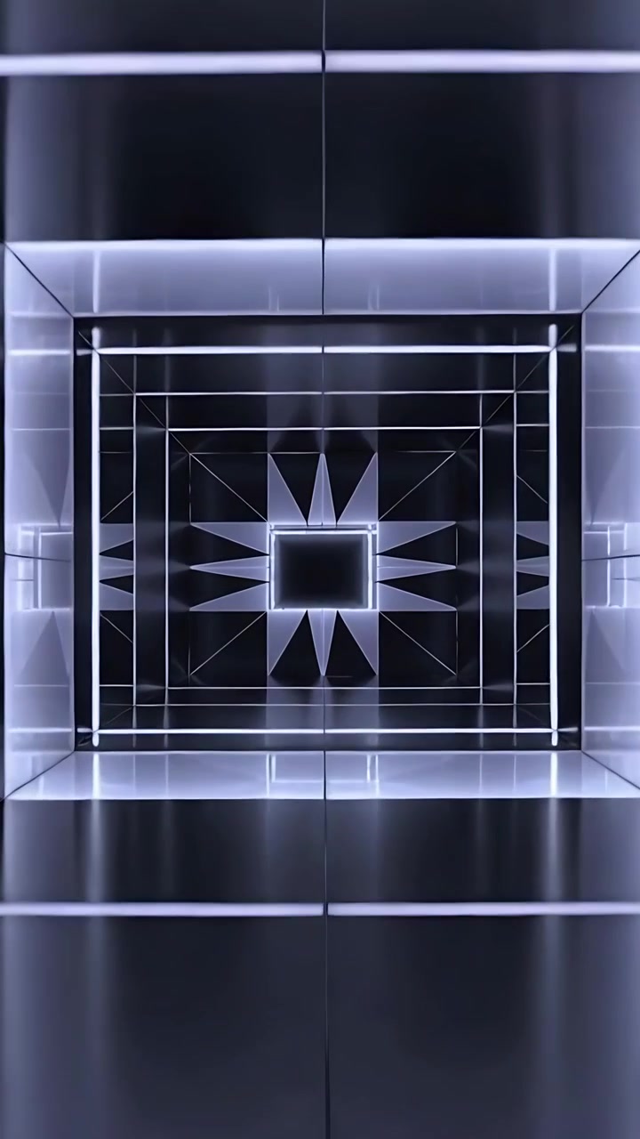 Video verticale: La telecamera zooma su cornici LED annidate che rivelano punte di stella centrali in un tunnel di specchi.