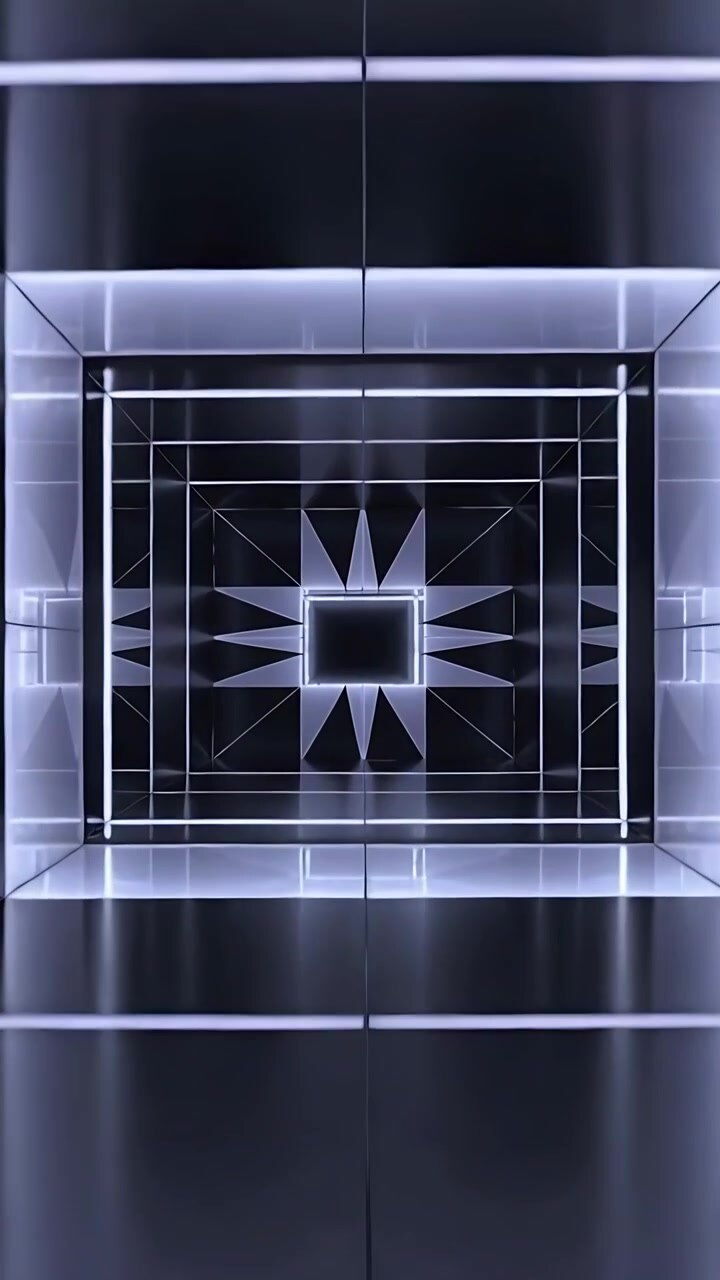 Video verticale: La telecamera zooma su cornici LED annidate che rivelano punte di stella centrali in un tunnel di specchi.