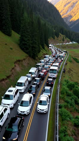 severe traffic jam on a scenic mountain road