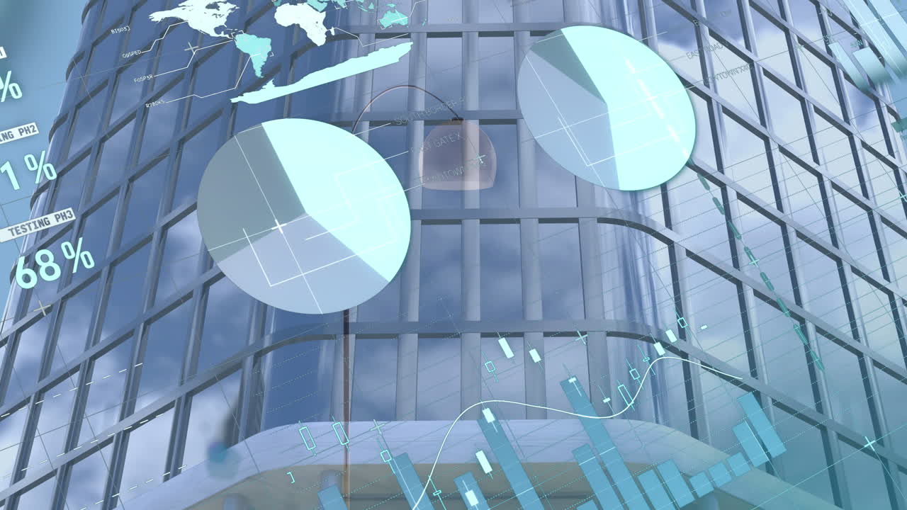 데이터 프로세싱의 애니메이션과 현대 건물 위의 세계 지도