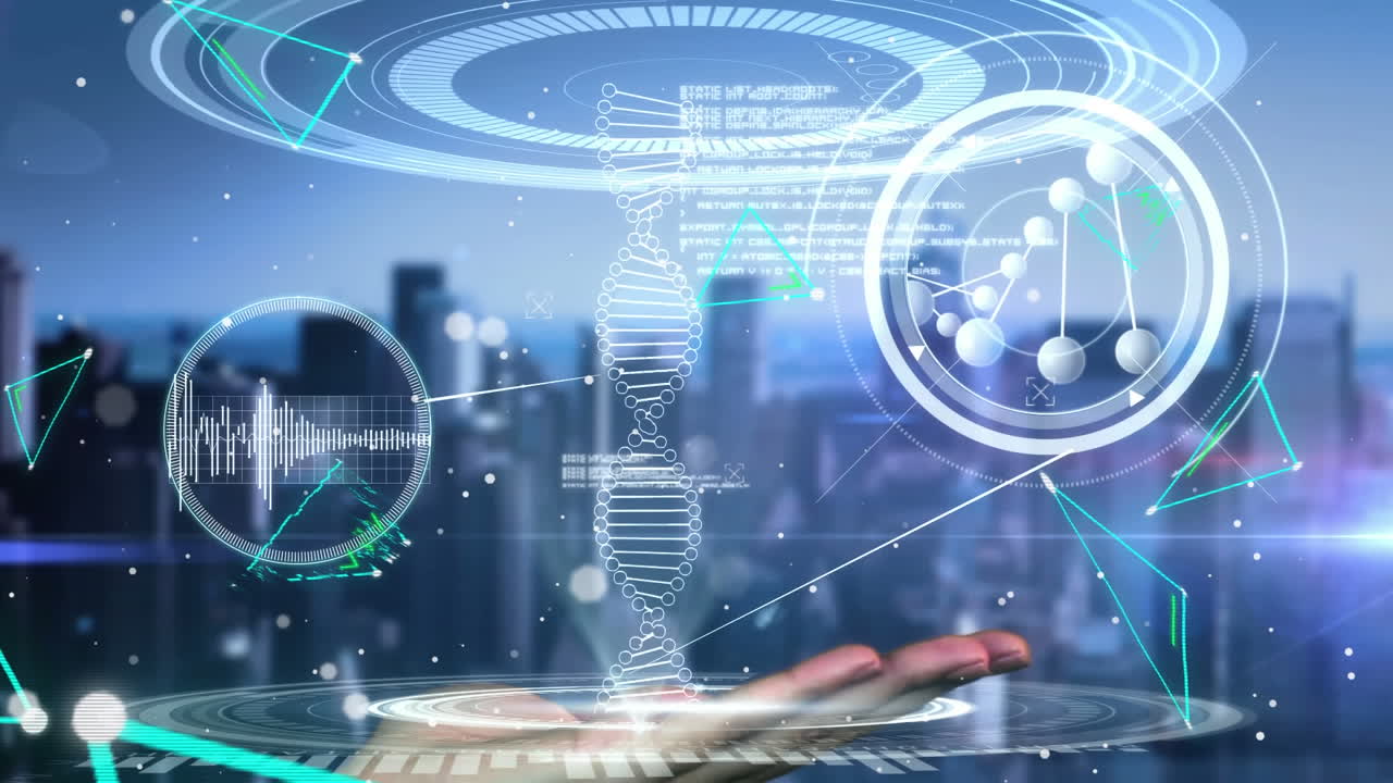 도시 풍경과 함께 손으로 만지는 가상 인터페이스