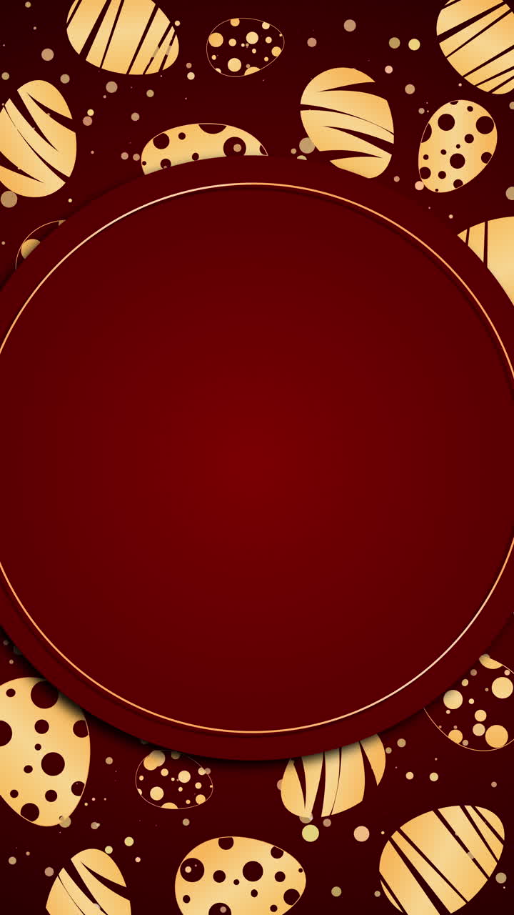 Round frame for Easter Holiday with copy space for text, round badge with animated easter eggs with decorative ornament on red pale background. Looped. Vertical video.