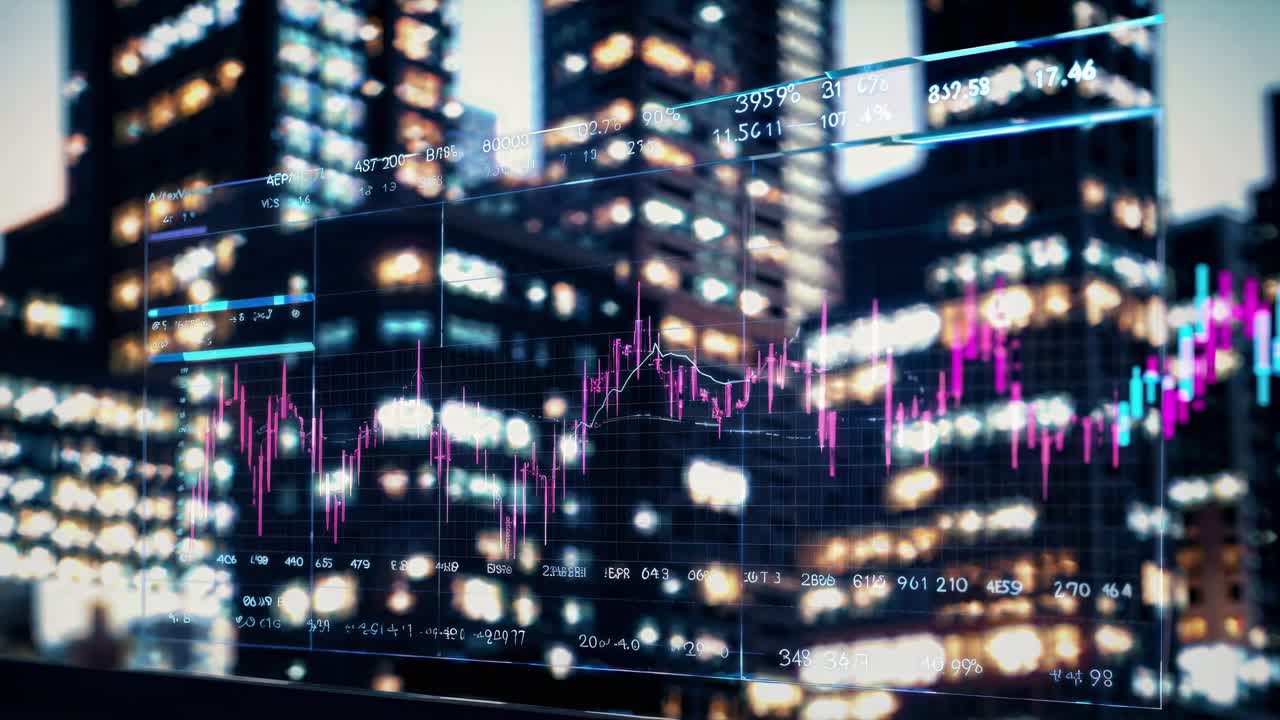 Dynamic cityscape with digital stock charts overlay. High-angle view, blending finance and urban