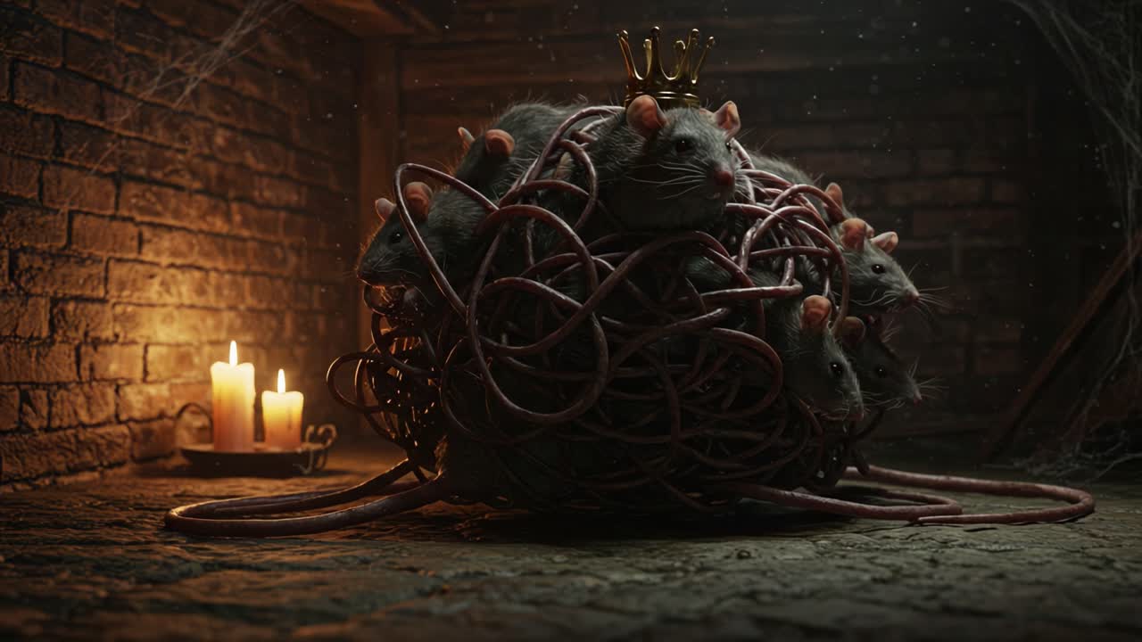 A Unique Composition Featuring Rats Entangled in Circular Cords Surrounded by Candles in a Dimly Lit, Atmospheric Setting, Eliciting Curiosity and Intrigue
