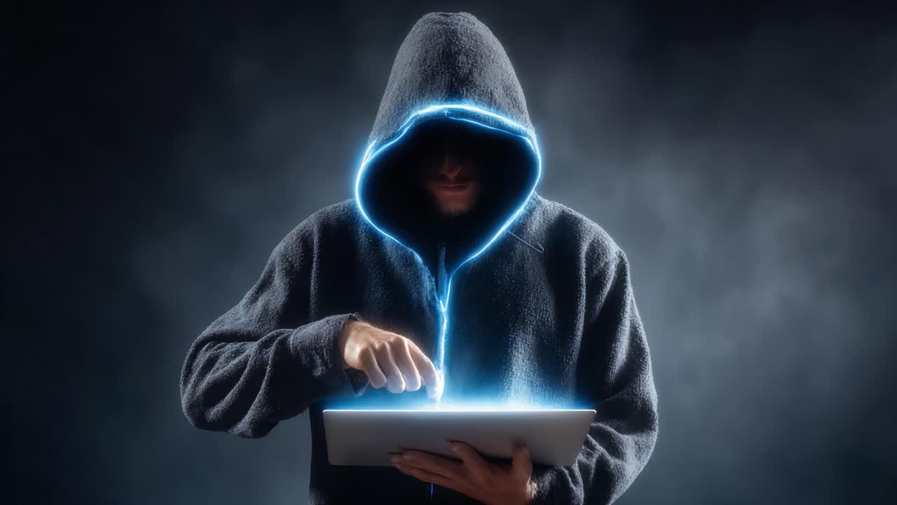 An enigmatic figure clad in a shadowy hoodie interacts with a luminous tablet, embodying the essence of digital exploration and modern technology in a mysterious atmosphere