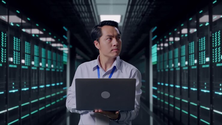 Asiatisk mandlig professionel arbejder, der står med sin bærbare computer i et datacenter. Han observerer ved at se sig omkring, før han koncentrerer sig om sin bærbare computer.