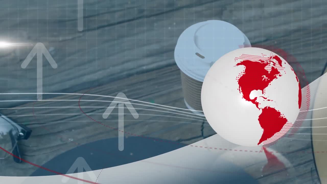 책상 위에 화살표와 연결 네트워크를 가진 지구의 애니메이션