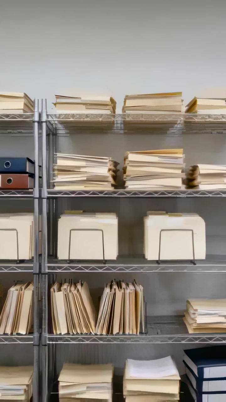 Vertical video: Panning camera revealing metal shelves in records room with files, showing order
