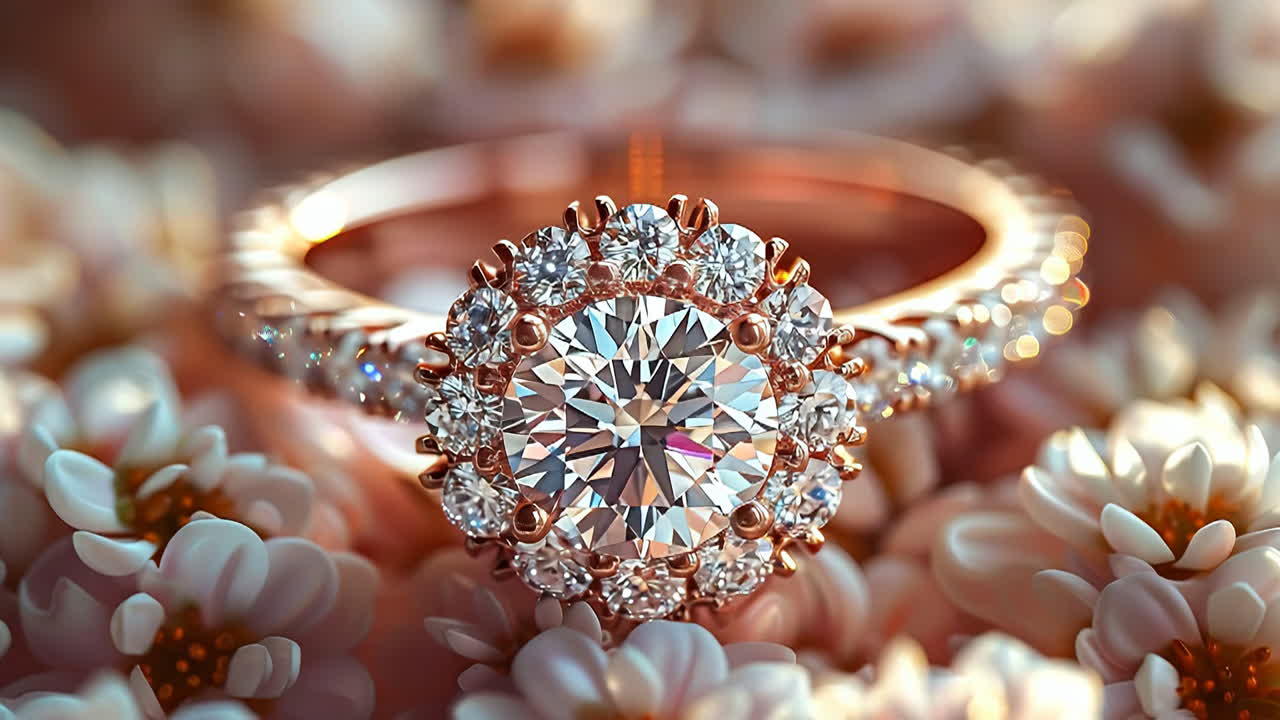 Anello di diamanti poggiato su fiori. Un anello di diamanti è posizionato su un letto di piccoli fiori. L'anello brilla sotto una luce soffusa