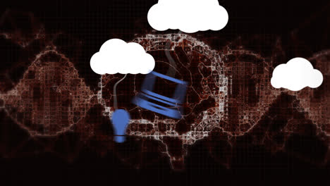 animation of white clouds with hanging blue media icons over brain on black background