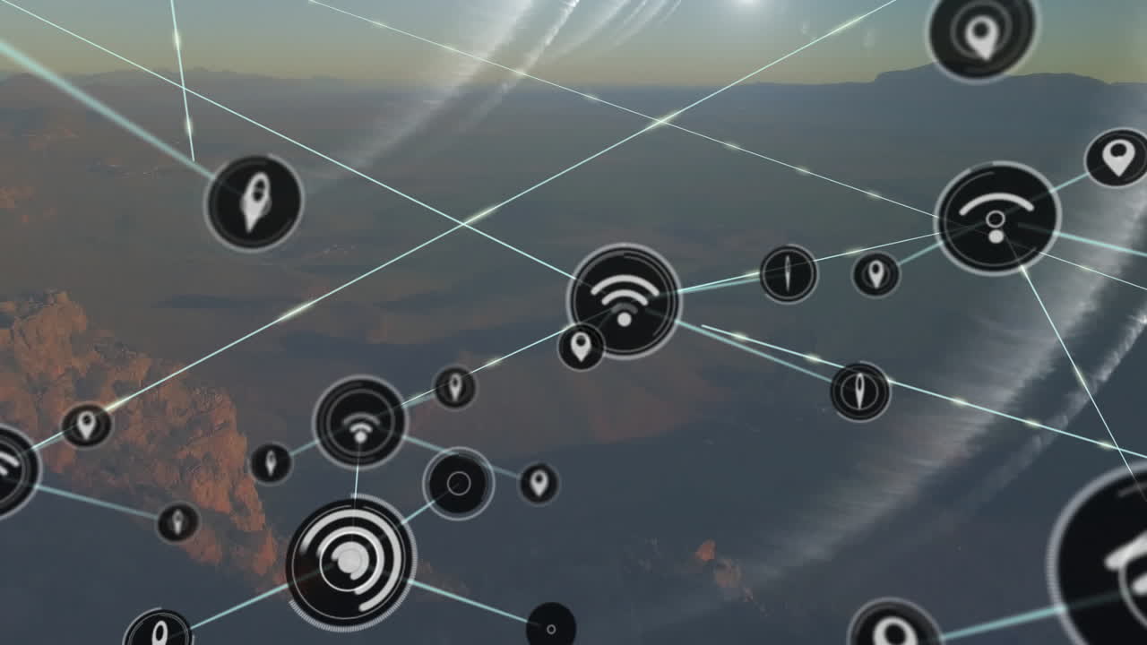 animación de la red de conexiones con iconos sobre el paisaje