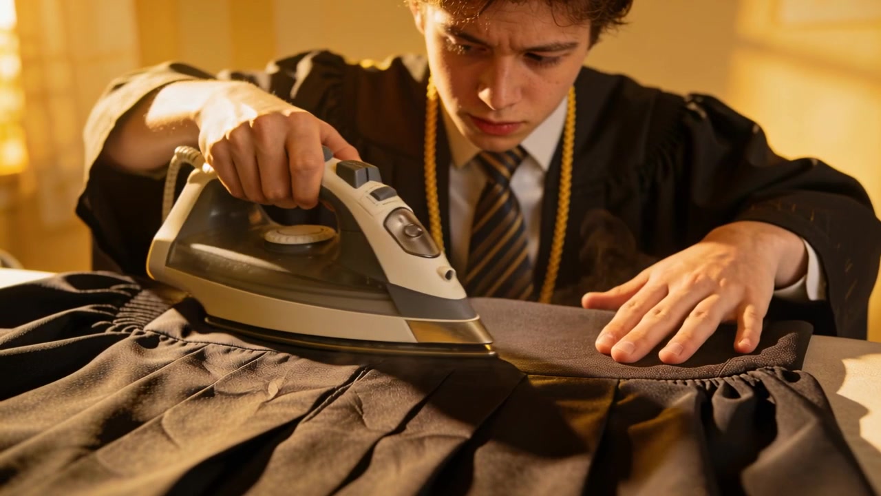 Adolescente com beca de formatura passando ferro a vapor, alisando saia plissada na tábua, preparando-se para a formatura.