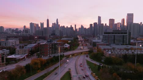 chicago commute aerial view at sunrise