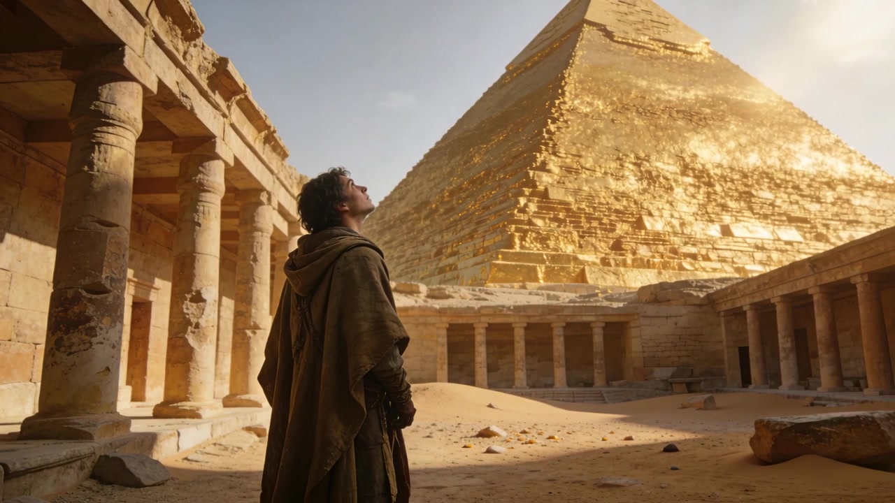 Câmera recuando, homem com capa com capuz estudando a escala de uma pirâmide iluminada pelo sol enquanto está em um pátio.