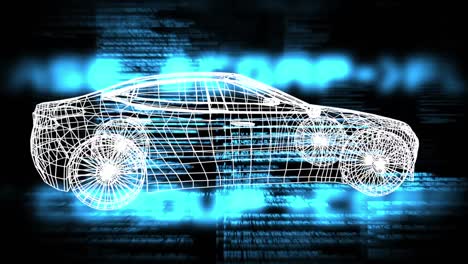 revolving technical drawing of car with data on a dark background