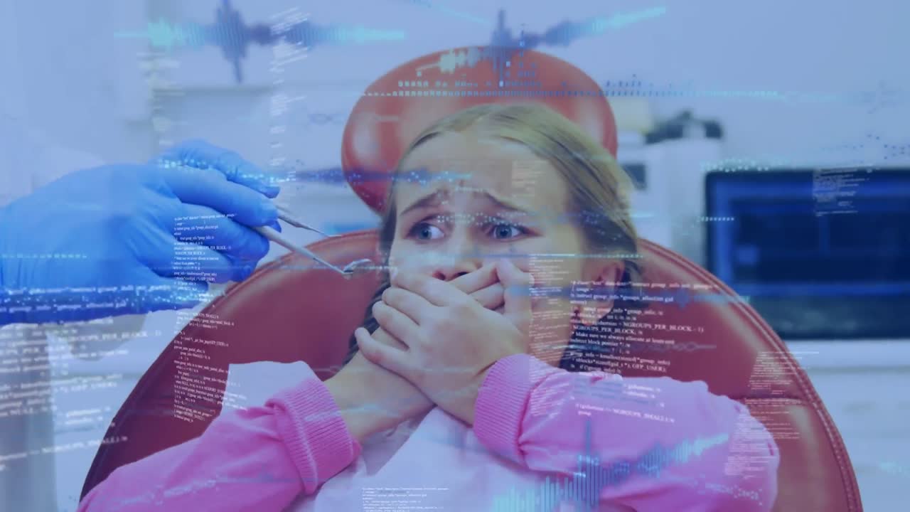 анимация обработки данных над девушкой в стоматологическом кресле