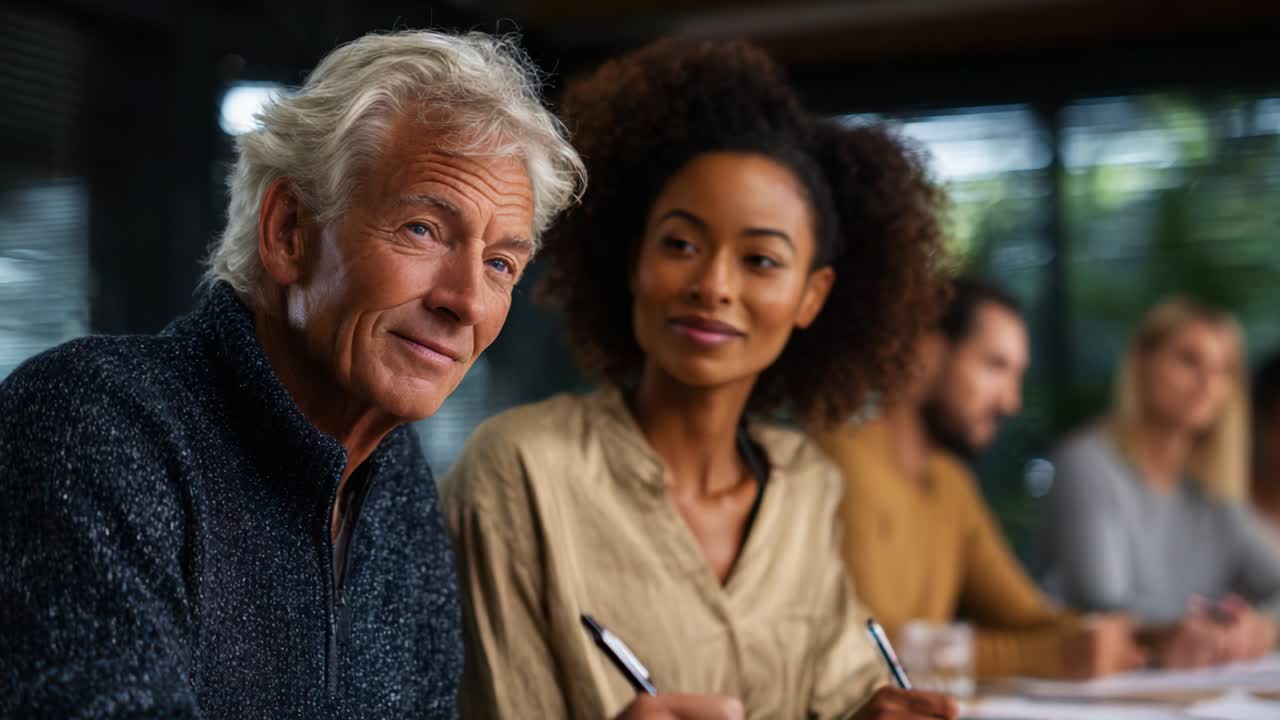 A diverse group engaged in a collaborative workshop, capturing moments of learning and interaction. The elderly gentleman shares his wisdom while a young woman attentively listens, fostering generational connection