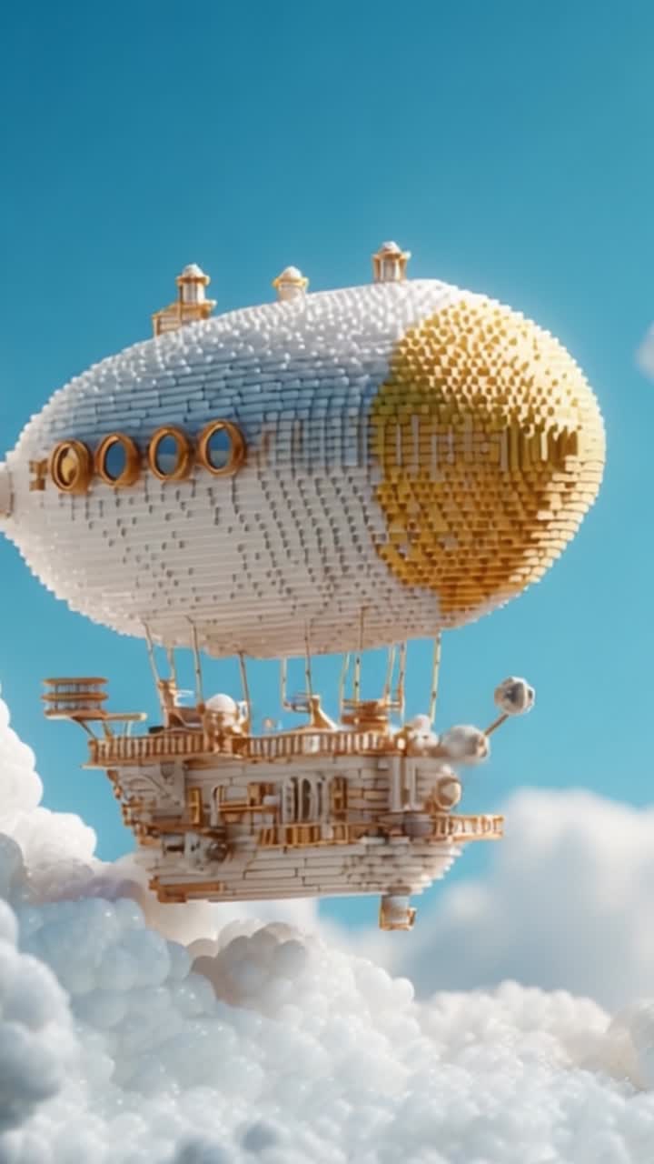 Un Dirigibile Splendidamente Realizzato con Accenti di Nuvole Vola Attraverso un Cielo Blu Brillante, Mettendo in Mostra Dettagli Impeccabili e Immaginazione in un Contesto Fantasioso.
