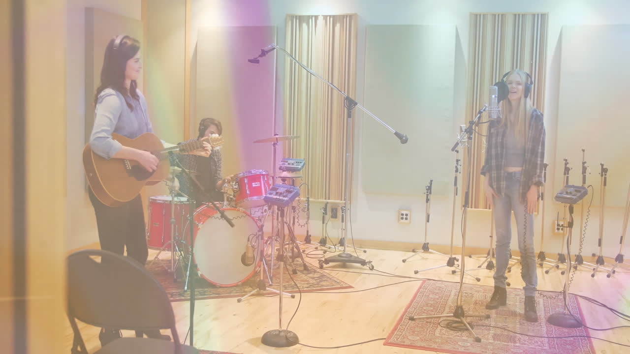 guitarist, drummer and singer playing music in studio, with animated notes and sound waves