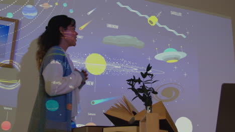 학교에서 천문학 수업을 하는 여자 교사, 태양계 1의 투사와 함께 수업 앞에 서 있습니다.