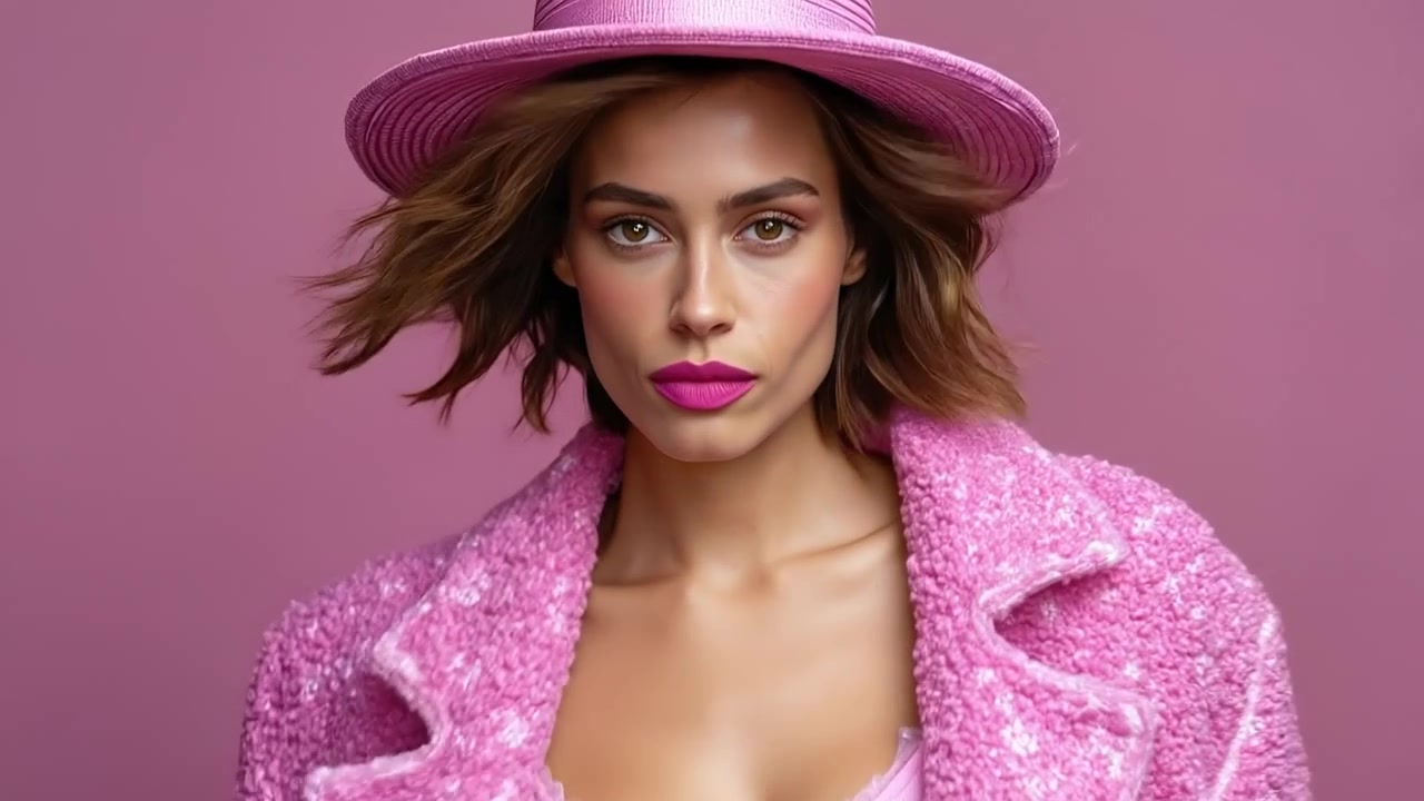 Cheerful young woman in pink hat and textured pink jacket laughing on pink background
