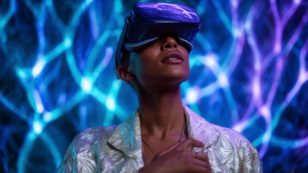 A woman experiences an immersive virtual reality environment, captivated by the vivid colors and dynamic patterns surrounding her, marked by a sense of wonder and exploration while wearing a VR headset
