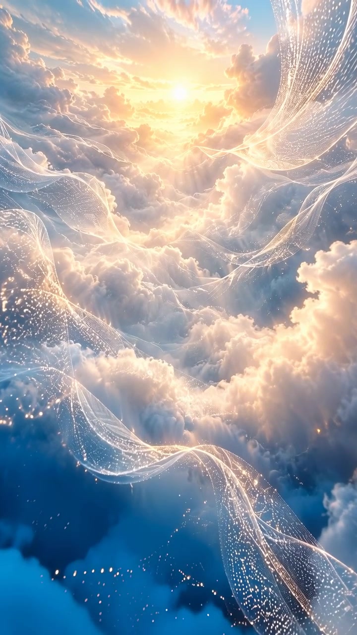 Sunlit cloudscape fills vertical sky scene as bright sunrise glows through layered clouds, while translucent light ribbons sweep across scene with shimmering particles, soft haze, radiant highlights