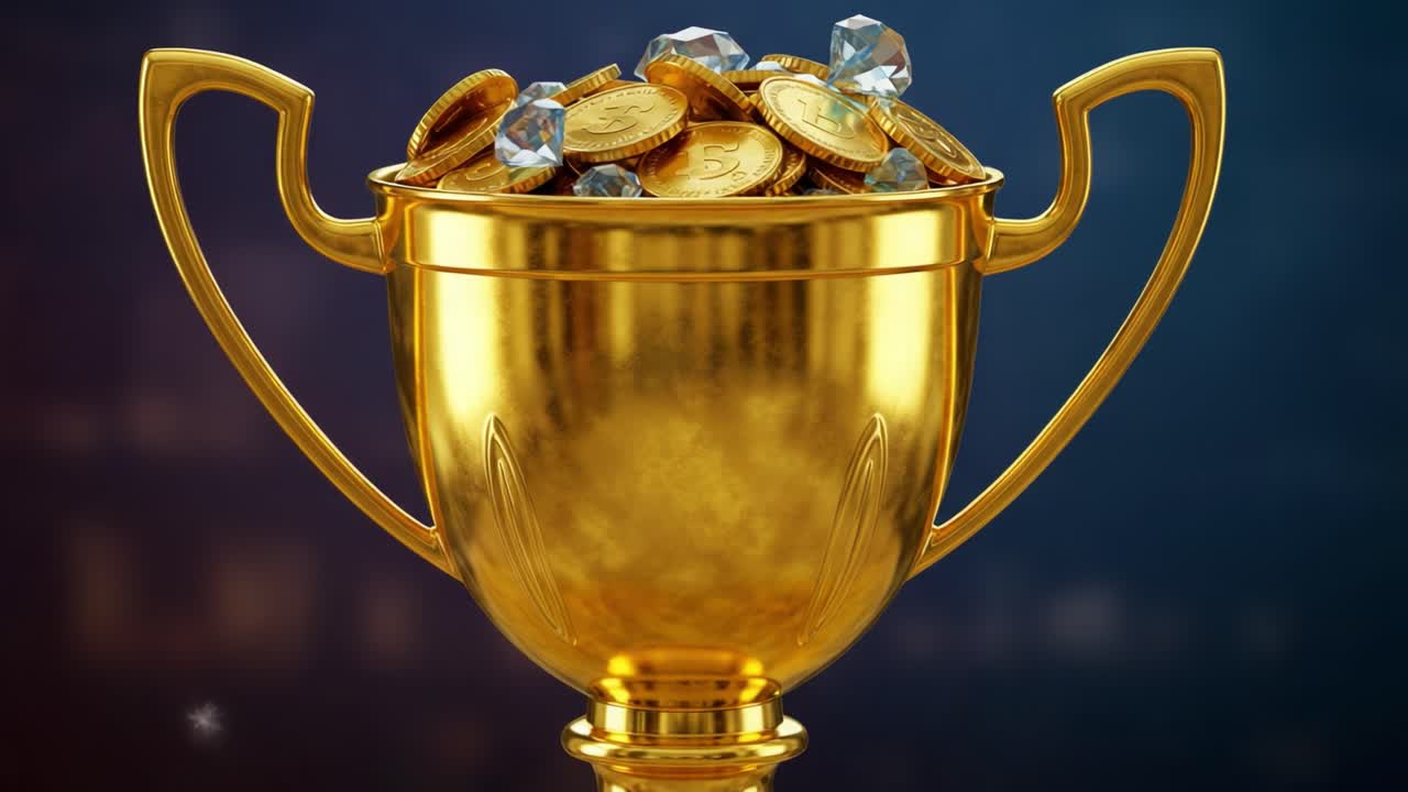 A Glimmering Golden Trophy Brimming with Shiny Coins and Sparkling Gems, Symbolizing Victory and Achievement in a Celebration of Success