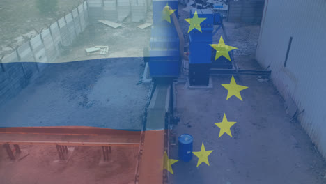 animation of flags of eu and russia over rubbish dump