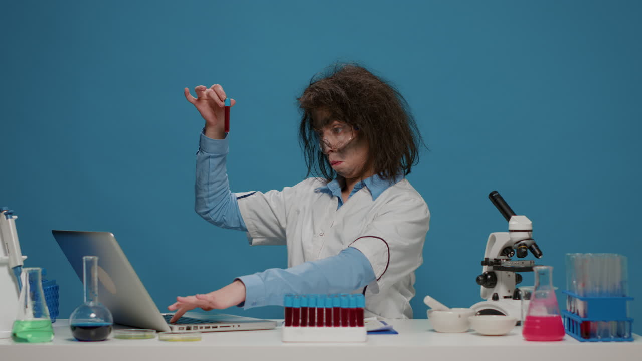 Funny insane scientist with messy hair looking at test tubes