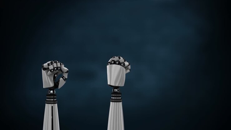 Robot hands over dark blue background