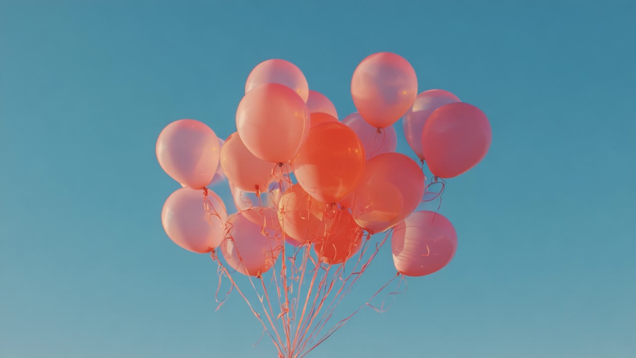 A beautiful cluster of pink balloons floats gracefully in a clear blue sky, capturing a moment of joy and celebration, symbolizing dreams and uplifting spirits