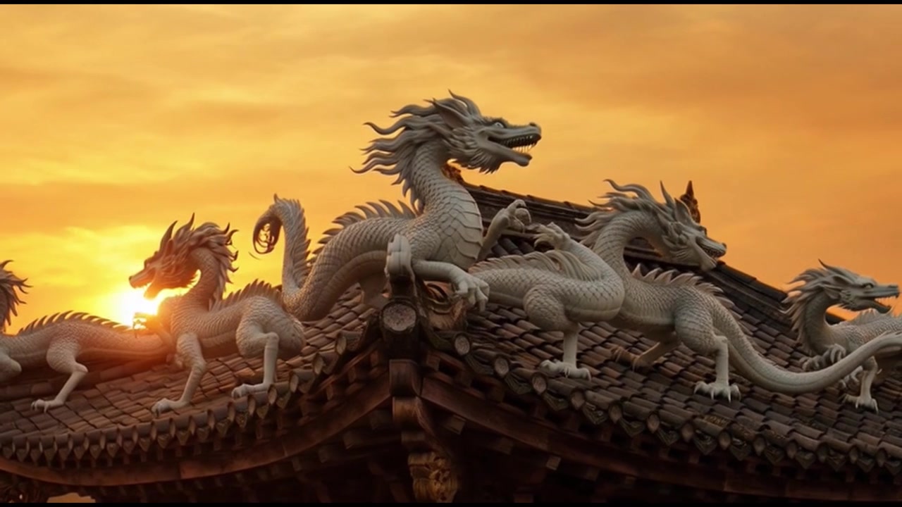 Statues de dragons en pierre sur le toit d'un temple chinois traditionnel au coucher du soleil