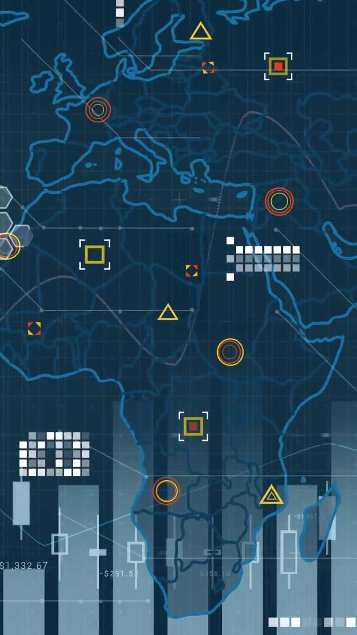 Animation of financial data processing over world map