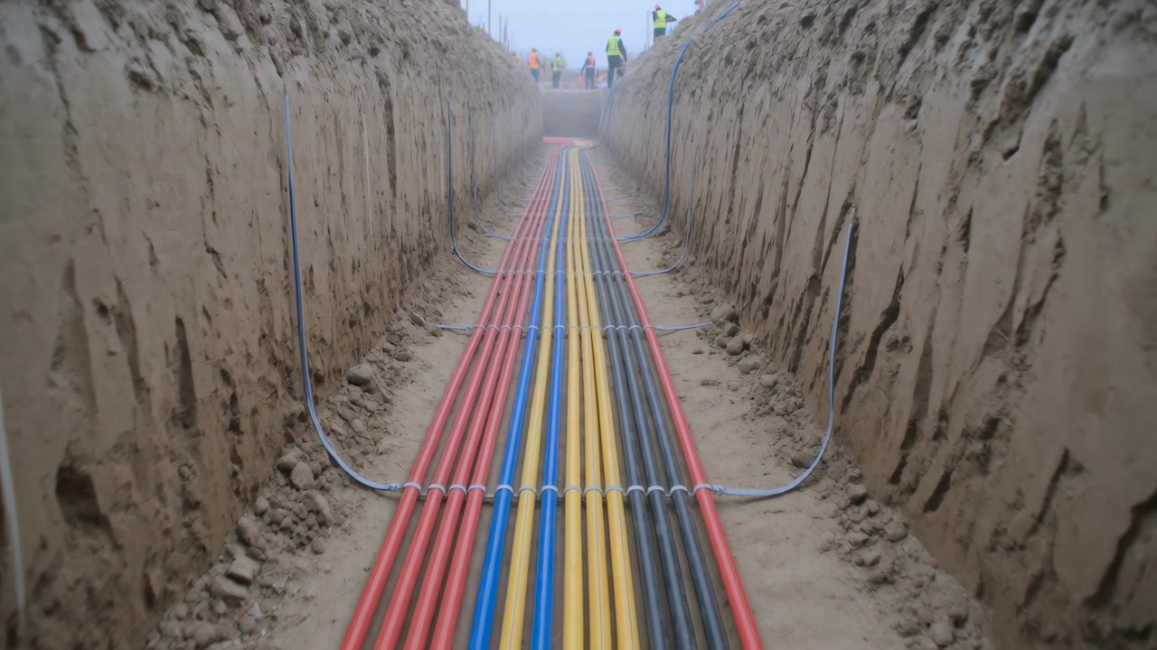 Panning camera revealing colored conduits in trench with clamps, workers inspecting in hi-vis gear