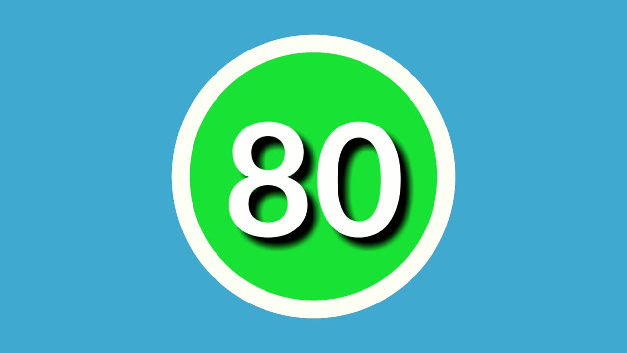 80 숫자 80 기호 동작 그래픽 녹색 구, 파란색 배경, 4k 만화, 영상 요소