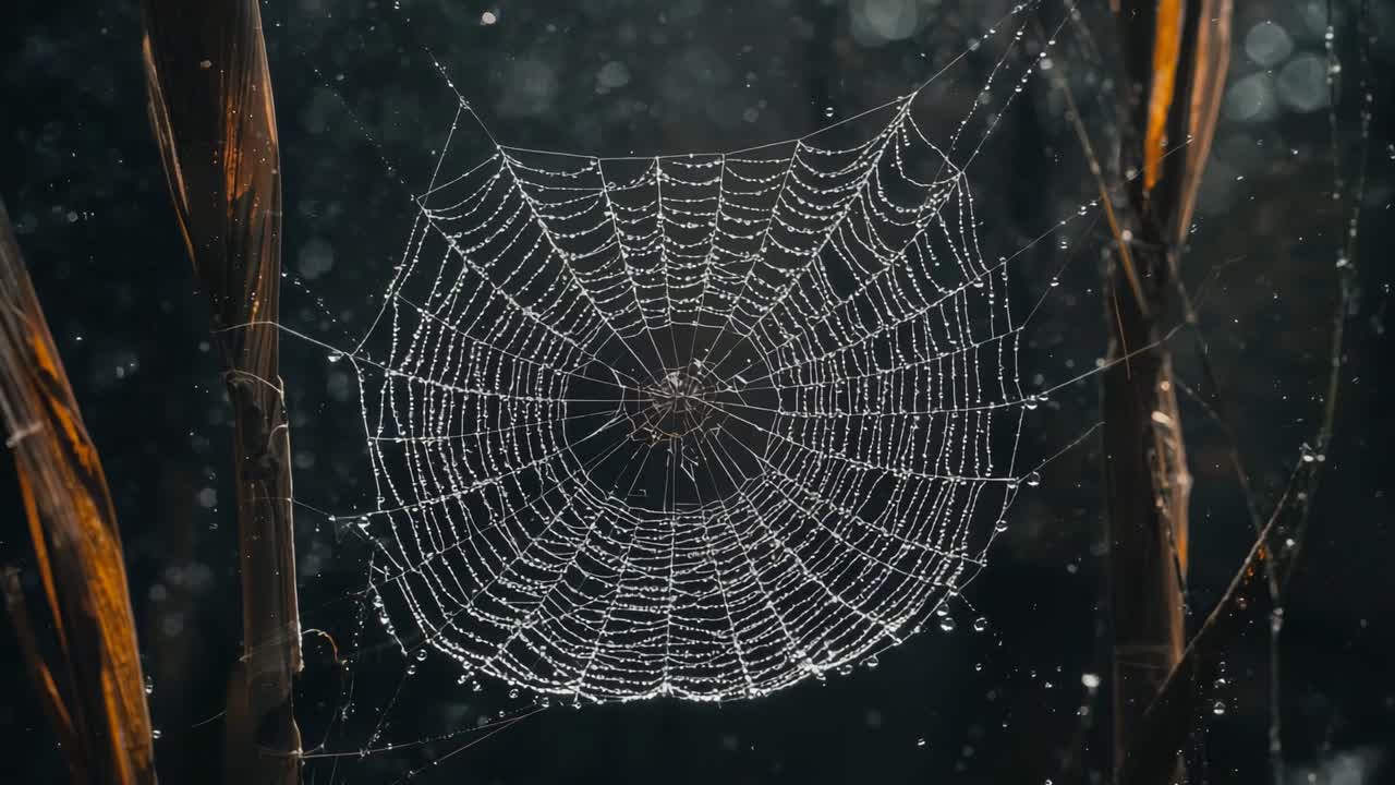 Swaying orb spider web shedding dew drops with gravity pulling at marsh edge between stalks
