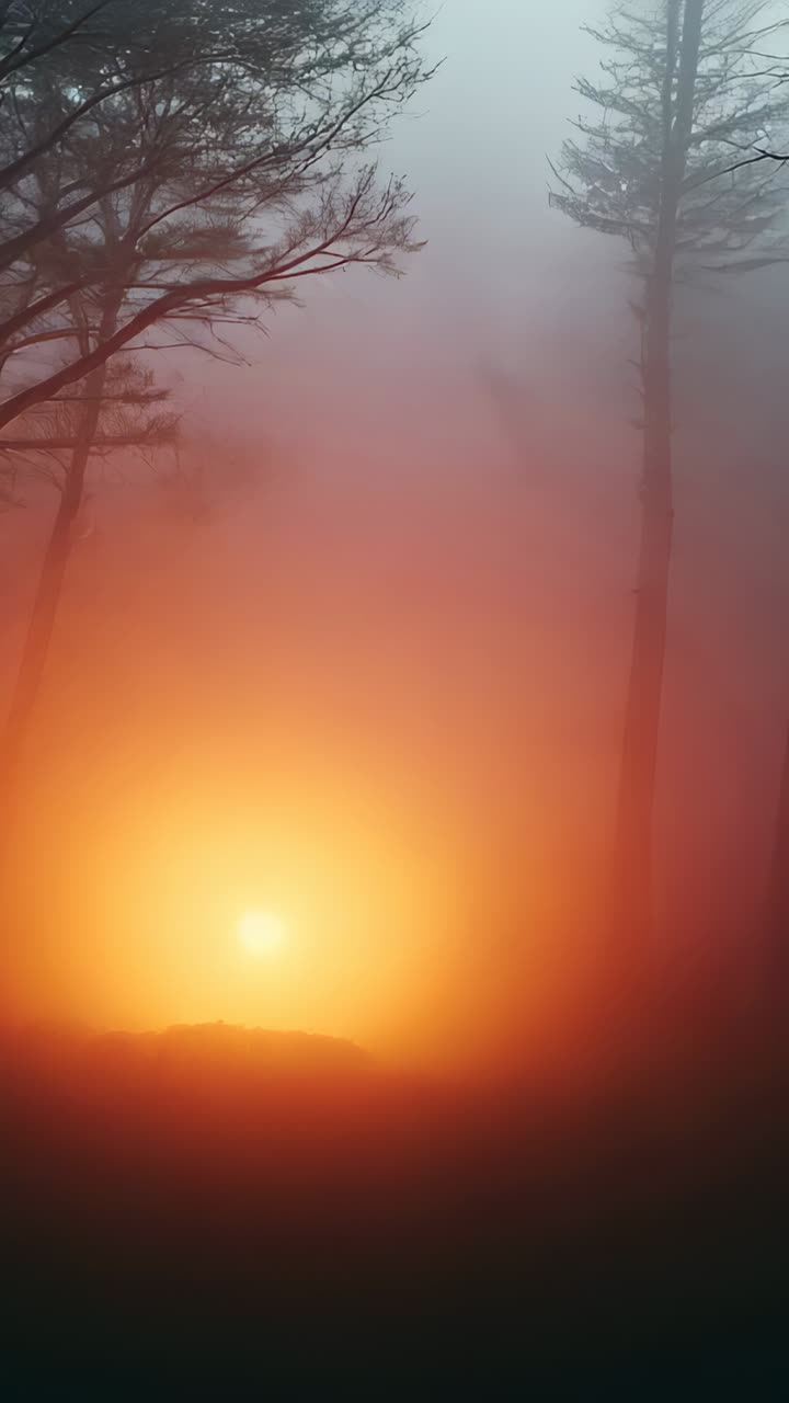 Vertical video: Pulsing warm glow filling fog as frames change at woods with trees and mound