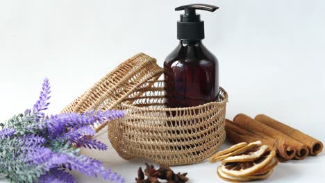 natural skincare display with lavender and cinnamon