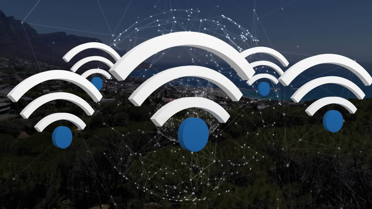 animación de iconos digitales wifi flotando sobre el globo de conexiones y paisaje