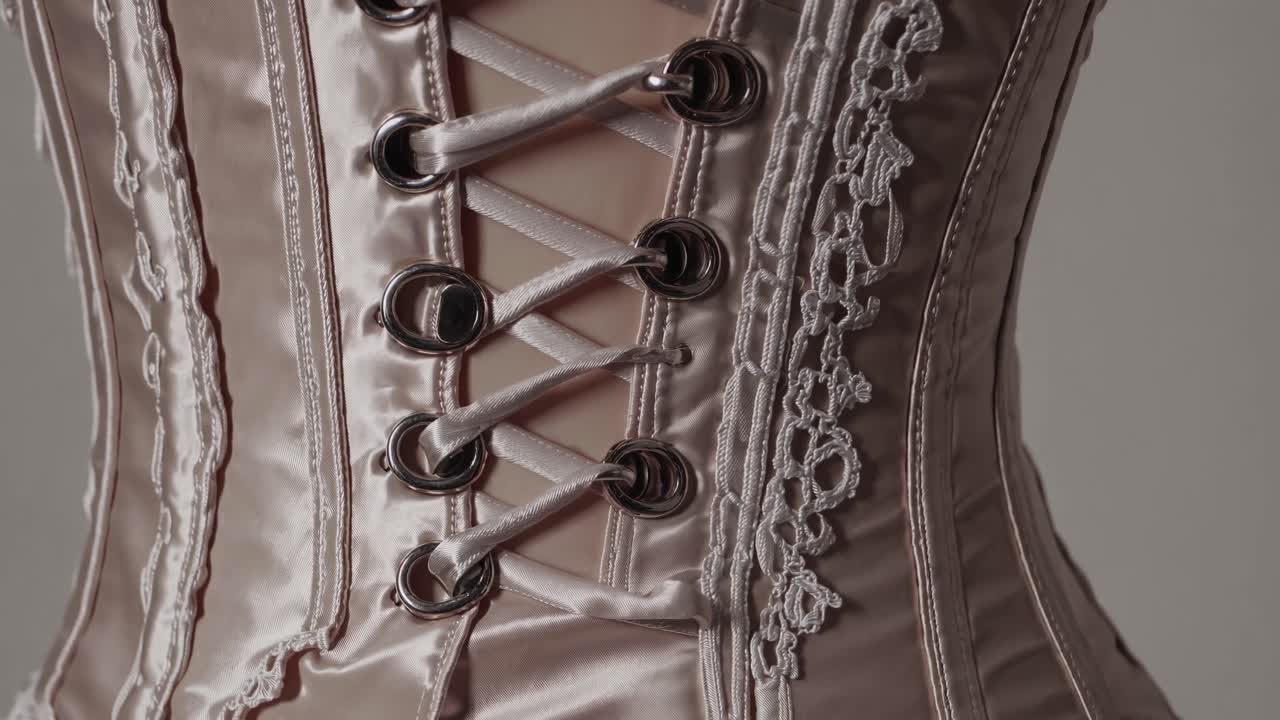 Video ravvicinato di un elegante corsetto di raso con dettagli in pizzo, che mette in mostra il design intricato
