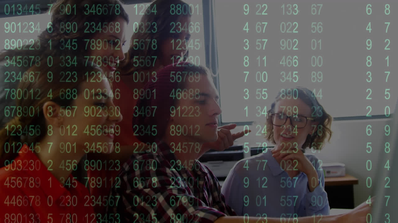 Animation of data processing against team of diverse colleagues using computer together at office