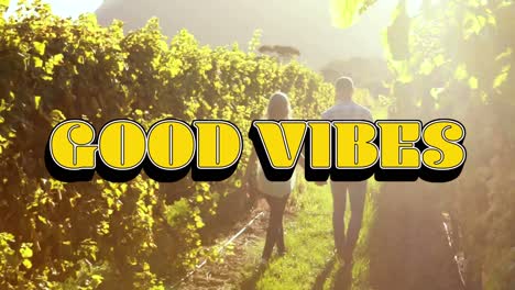 animation of good vibes text over happy couple outdoors