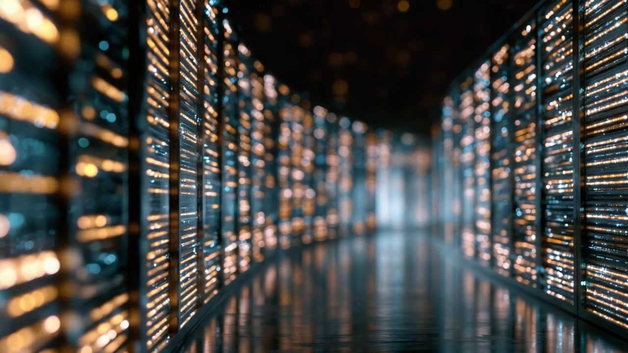 A Glimpse into a High-Tech Data Center: Illuminated Server Racks Create a Futuristic Corridor of Light and Connectivity