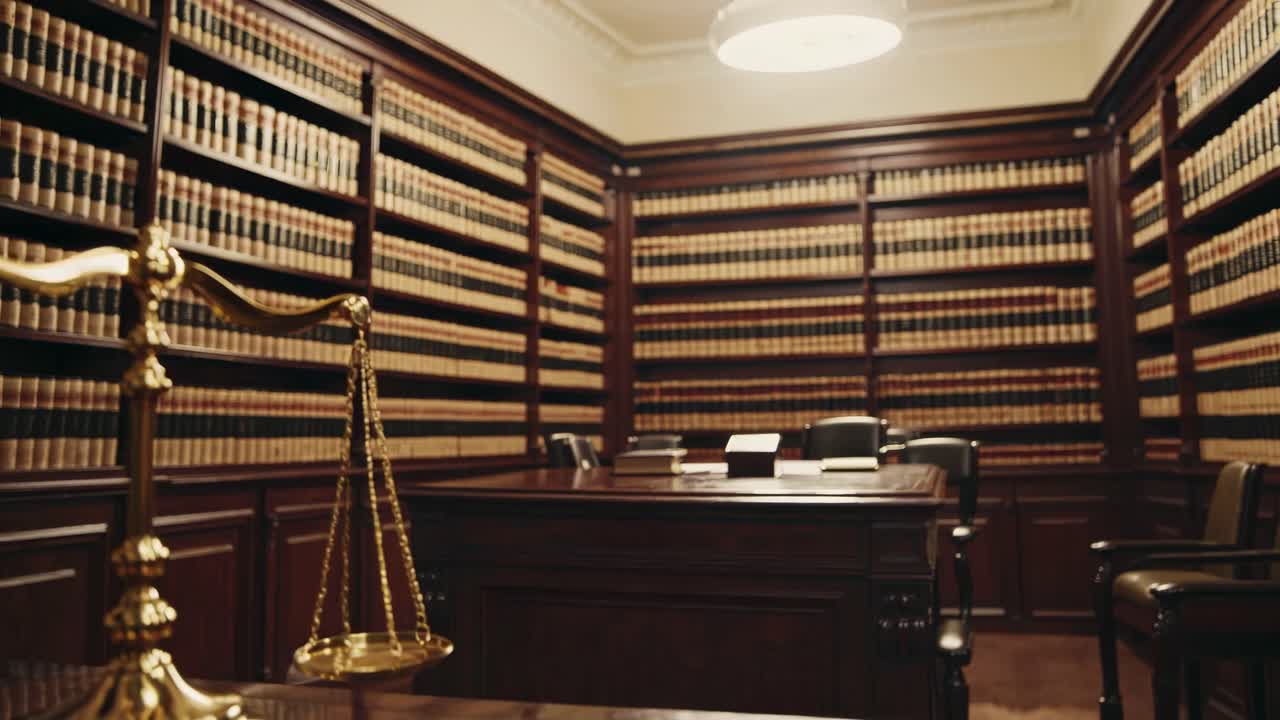 Wide-angle shot of a classic law library with wooden shelves filled with books, capturing a vintage