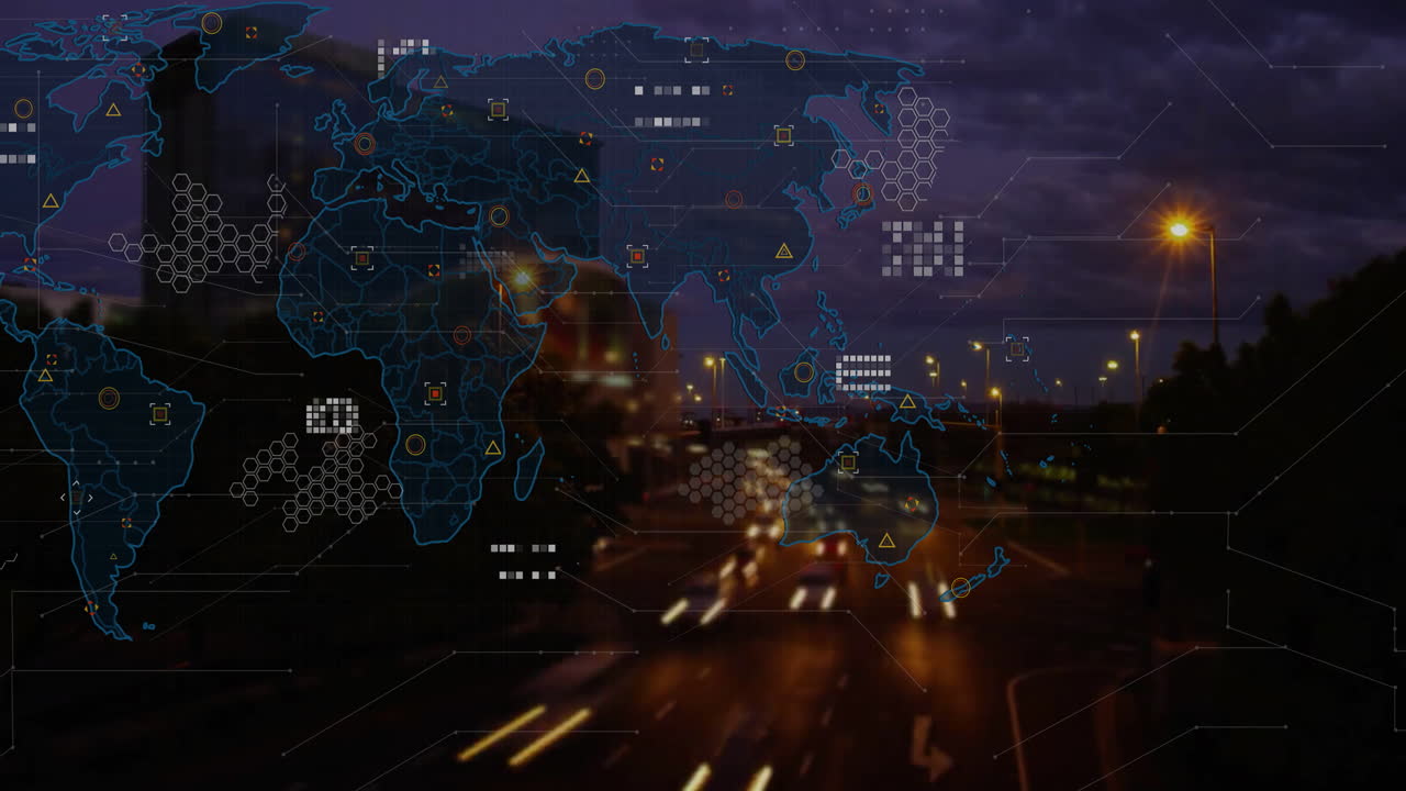 도시 풍경 위의 데이터 처리 애니메이션