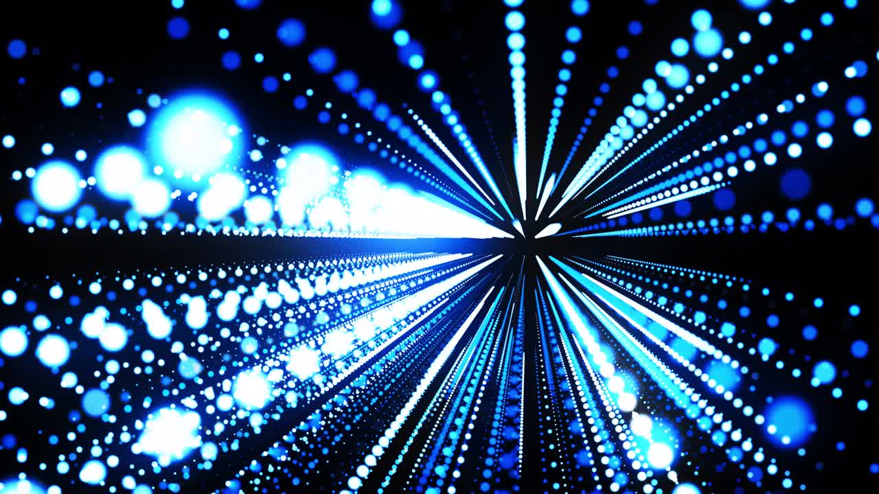 abstract 3d loop background with glowing particles lined up in rows in 3d space. Festive vj loop with blue particles and smooth animated camera. Motion design background