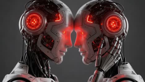 duality of robotics: a captivating encounter between two advanced humanoid robots with red illuminated features, showcasing emotion and technology integration