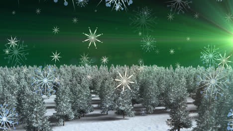 Animation-of-christmas-snowflakes-falling-over-snow-covered-field-and-trees