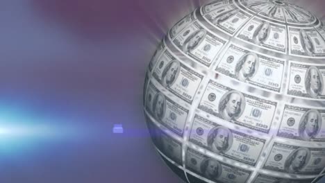 Animation-of-rotating-globe-of-dollar-bills,-over-grey-background-with-lights